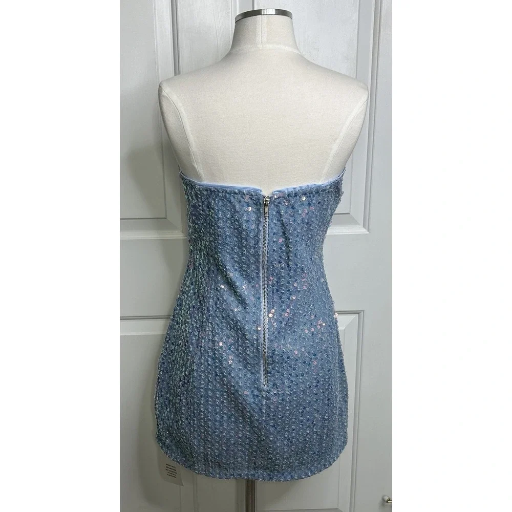 Superdown Claudia Sequin Denim Dress Mini Light Blue Strapless Womens L READ New - Picture 3 of 14